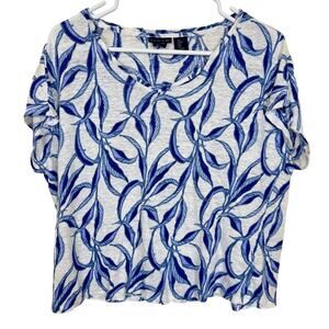 Tahari 100% Linen T-Shirt Tropical Blue Leaf Print Short Sleeve Top Size LRG EUC